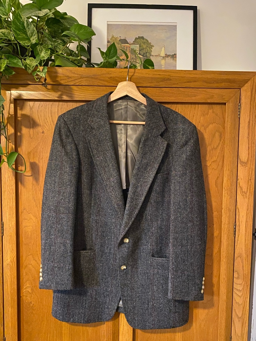 Vintage Harris Tweed Men's Dark Gray Herringbone Wool Blazer